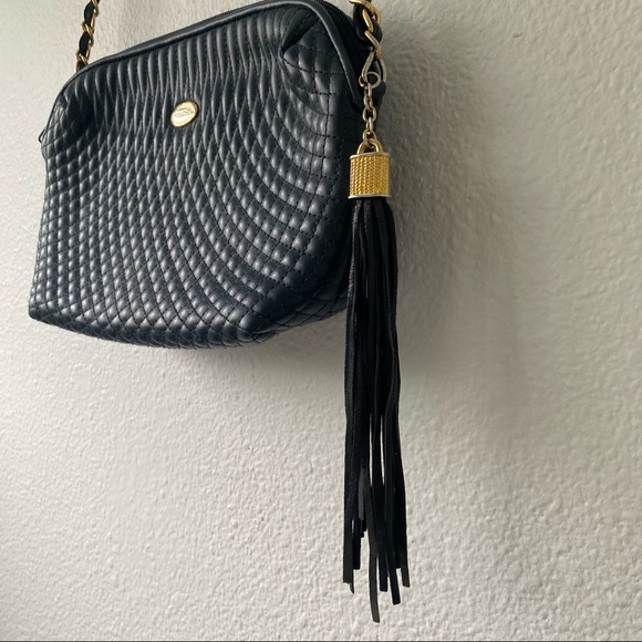 Vintage Navy Quilted Leather Gold Chain Strap Tassel Shoulder handbag crossbody - Picture 2 of 16